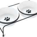 GDCZ Porcelain Raised Cat Bowls with Heighten Metal Stand and Non Slip Bottom 15 Ounces (White)