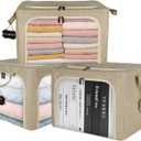 3 Pack Closet Organizers and Storage, Foldable Blanket Storage Bags, 3 Openings Clothes Organizer with Clear Windows, Metal Frame & Durable Handles & Zippers for Organizing (Beige 40L)