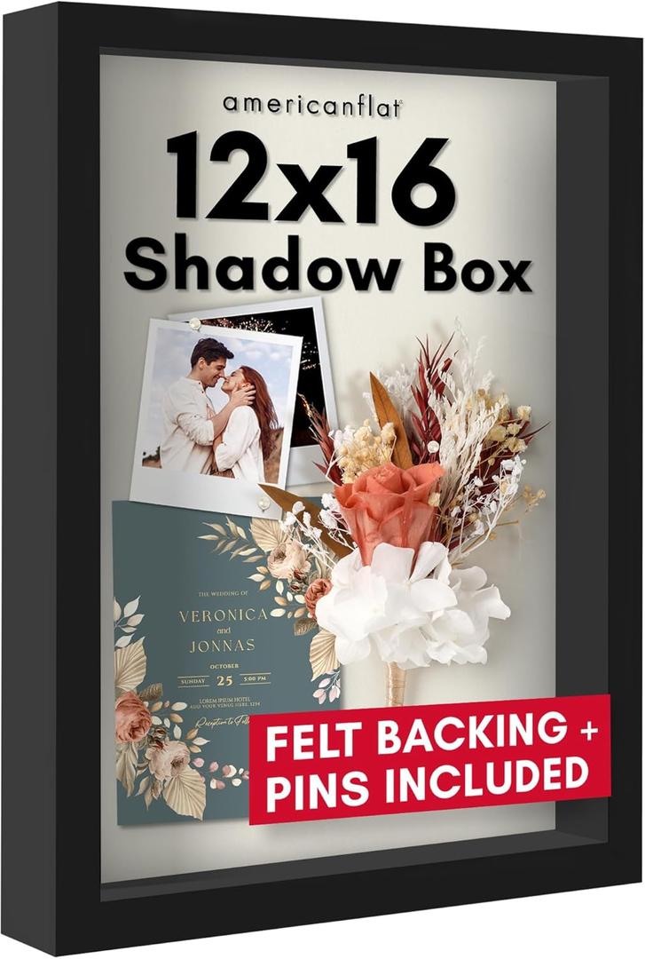Americanflat 12x16 Shadow Box Frame with Polished Plexiglass - Silhouette Collection - Large Shadow Box Display Case for Tabletop and Wall Display - Black with Soft Felt Back