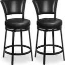 Bar Stools, Counter Height Barstools Set of 2, 25" Faux Leather Metal Round Swivel Bar Chairs with Back, Modern Upholstered Counter Stools for Kitchen Island, Black
