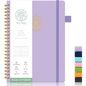 Alltree Lined Journal Notebook, Spiral Notebook for Work, A5 Medium, Spiral Hardcover Notebook with Tabs, Pen Loop, Pocket, Stickers, 160 Pages, Journal for Women & Men, Purple(6"x8.5") (Lavendar)