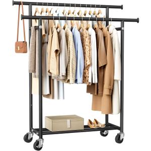 HYSEYY Clothes Rack, Double Rods Rolling Clothing Rack for Hanging Clothes, Portable Garment Rack with Wheels, Coat Rack Wardrobe Closet Load 240 LBS for Bedroom Laundry Room, Black