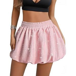 Women Bubble Mini Skirt High Waisted Puffy Balloon Short Skirts Sparkly Glitter Going Out Club Skirt L
