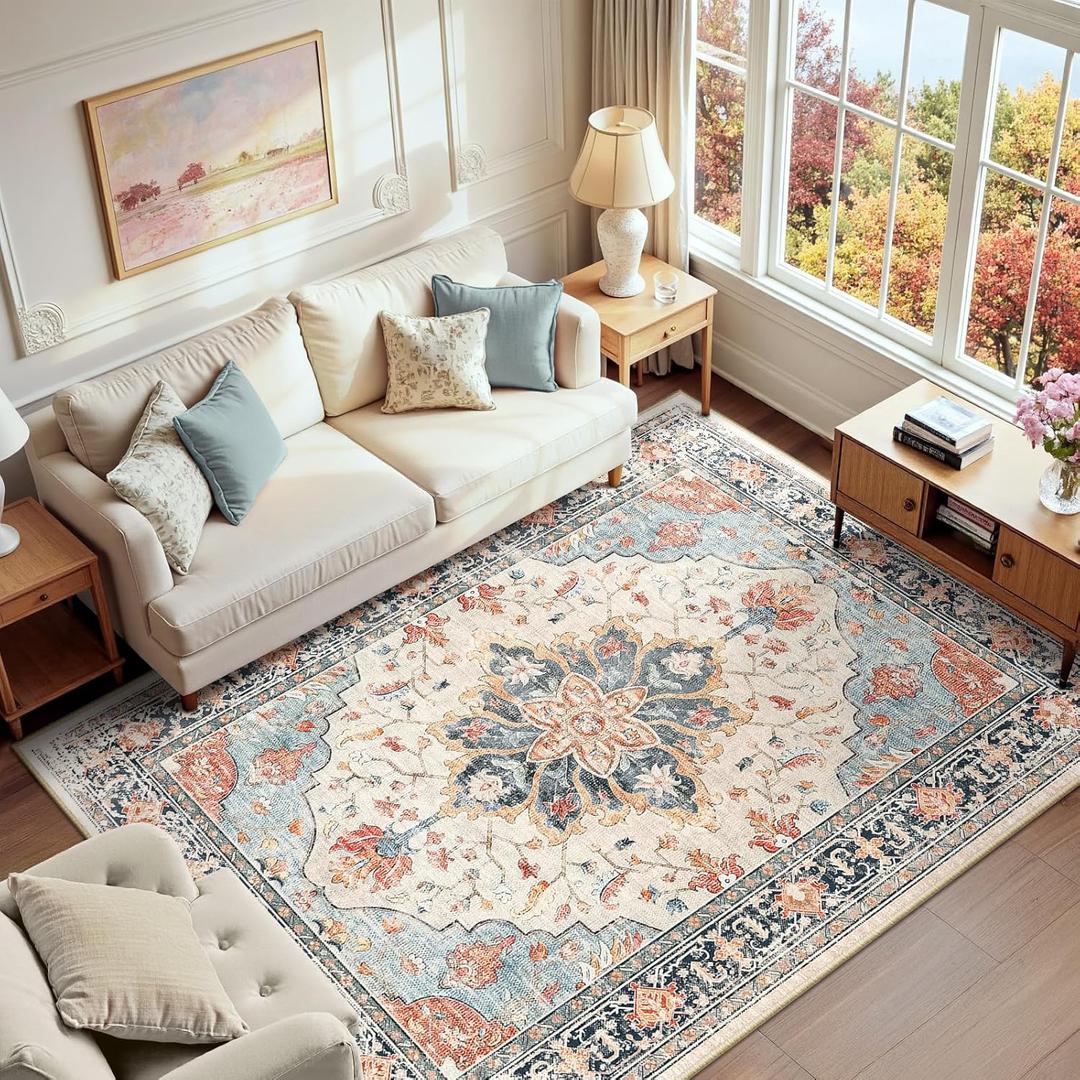 RELEANY Area Rugs 6'x9' Washable Non-Slip, Floral Vintage Distress Print Pattern Medallion Carpet for Living Room Bedroom Dining Room, Beige Navy Blue Orange Colorful
