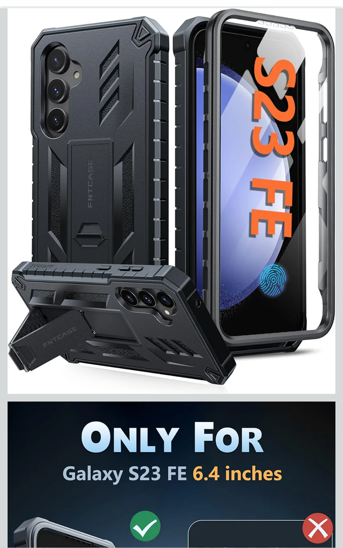 FNTCASE for Samsung Galaxy S23-FE Case: Military Grade Protective Hard Phone Case with Kickstand | Screen Protector | Shockproof TPU Full Protection Drop Proof Phone Cover for Galaxy S23 FE 5G Black