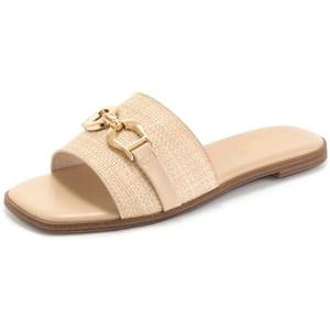 Rihero Women's Flat Sandals Summer Comfortable Square Open Toe Slip On Leather Slide Sandals, Size 10