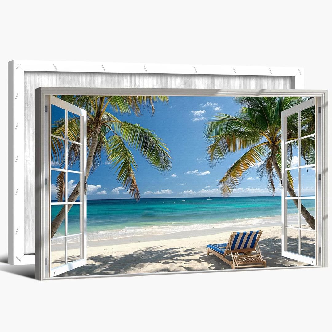 Bathroom Canvas Beach Wall Art Picture for Bathroom, Window Frame Style Canvas Tropical Wall Decor Ocean Palm Tree Prints, Blue Sea and White Sand Painting on Canvas for Bedroom Office Decor 24"x36"
