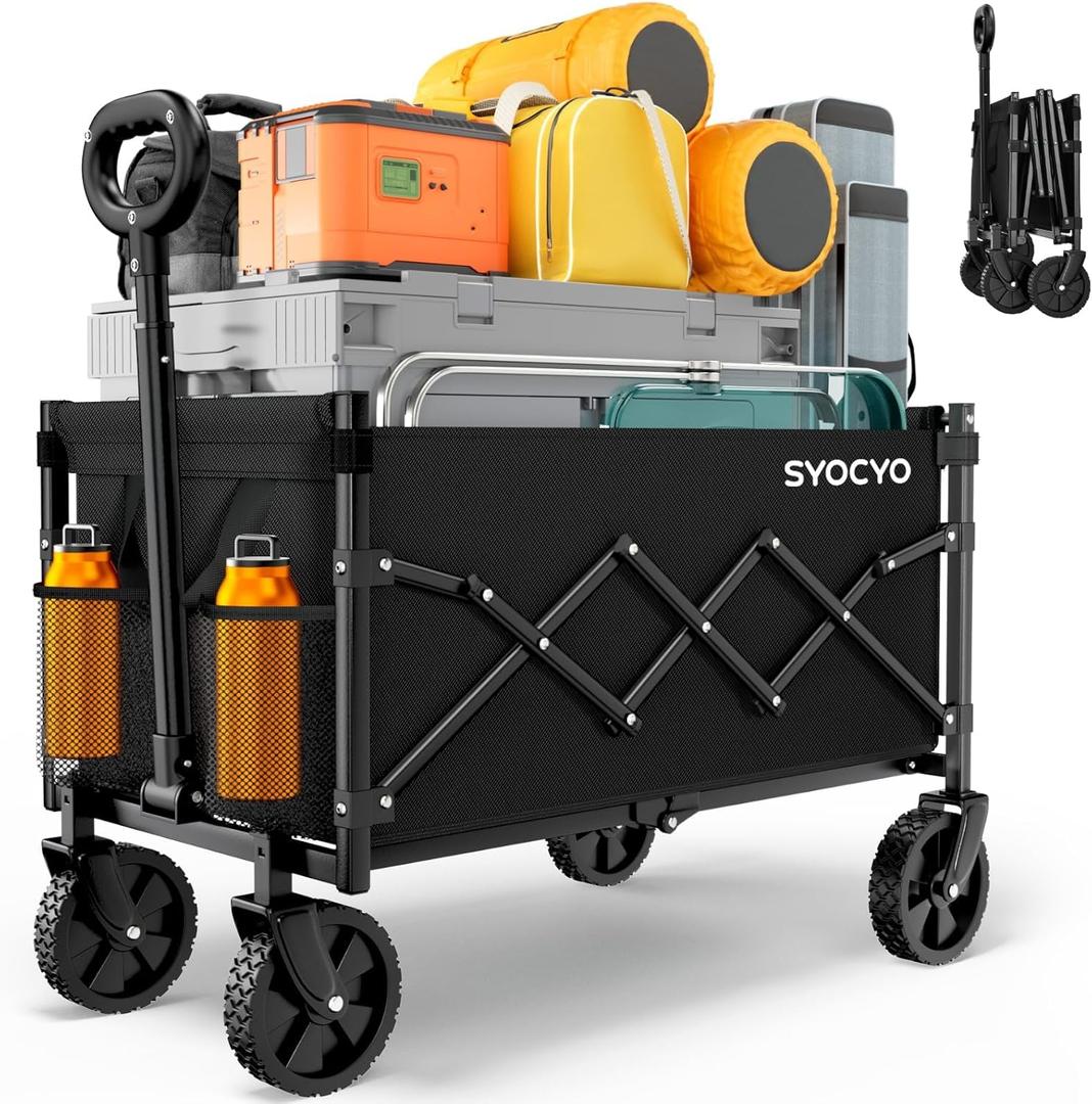 Collapsible Wagon Cart 220lbs Beach Foldable Wagon Lightweight & Portable Folding Utility Grocery Shopping Carts with Wheels for Shopping Garden and Sports (Black)