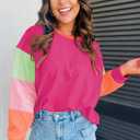 miduo Womens Long Sleeve Tops Color Block Stitching Casual Loose Fit Crew Neck Shirts Blouses (Pink, M)