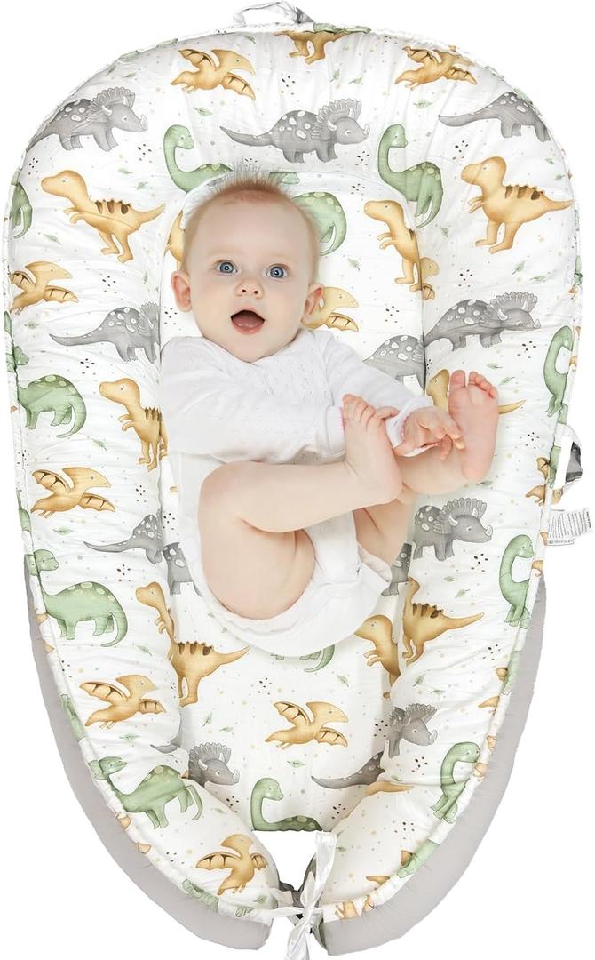 JIFTOK Baby Nests Lounger for Newborn, Snuggle Sleeping Bassinet for 0-24M, Breathable Portable Co Sleeping Bed, Baby Essentials Adjustable Infant Soft Cotton Loungers for Home & Travel -Dinosaurs