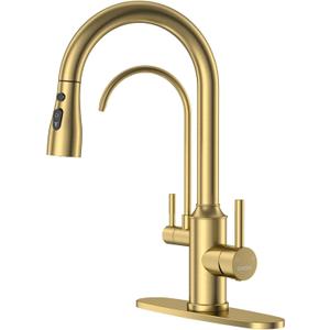 DAYONE Gold Kitchen Faucet with Drinking Purified Water Faucet, High Arc 3 in 1 Sink Tap Stainless Steel 1 Holes, Two-Handle 3-Way Pull Down Sprayer, (Without System)