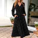 Simplee Womens Boho Floral Long Sleeve Maxi Dress V Neck Empire Waist Fall Wedding Guest Dresses with Pockets (Black), Large