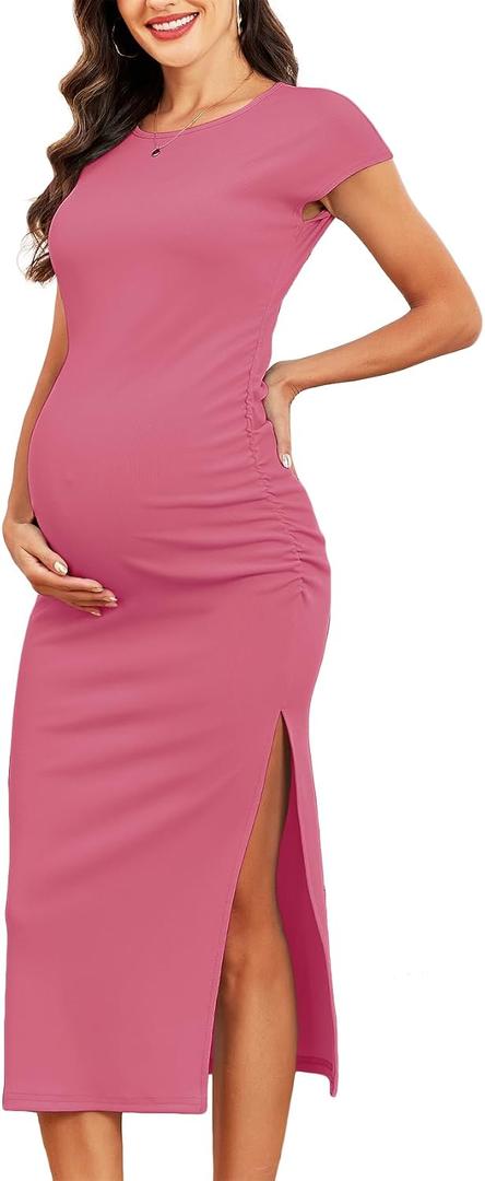 AISWI 2025 Women's Split Maternity Dress Fine Ribbed Ruched Pregnancy Clothes Baby Shower Dresses, M