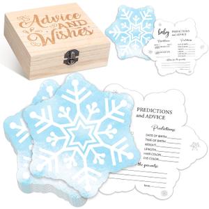 RattanView 50 Pcs Double Side Fall Baby Prediction And Advice Game Cards with Wooden Keepsake Box Floral Pumpkin Thanksgiving Day Game Cards(Blue Snowflake)
