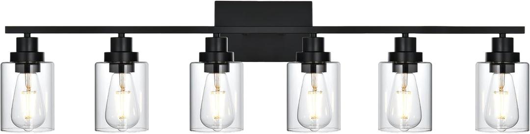 6 Light Bathroom Vanity Light Black, Bathroom Lighting Fixtures Over Mirror with Clear Glass Shades, Farmhouse Vanity Lights Modern Wall Sconces Light Fixtures for Bedroom Living Room