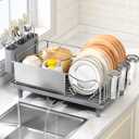 Dish Drying Rack Large Capacity - Stainless Steel Dish Rack for Kitchen Counter with Drain Board, Rustproof Dish Drainer with Auto Drain Spout Utensil Holder Glass Holder, Dinnerware Organizer, Gray