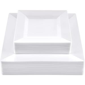 SETUP 60-Piece White Square Plastic Dinnerware Set 30 9.5" Dinner & 30 6.5" Salad Plates Heavy-Duty Disposable for Weddings, Catering, Parties