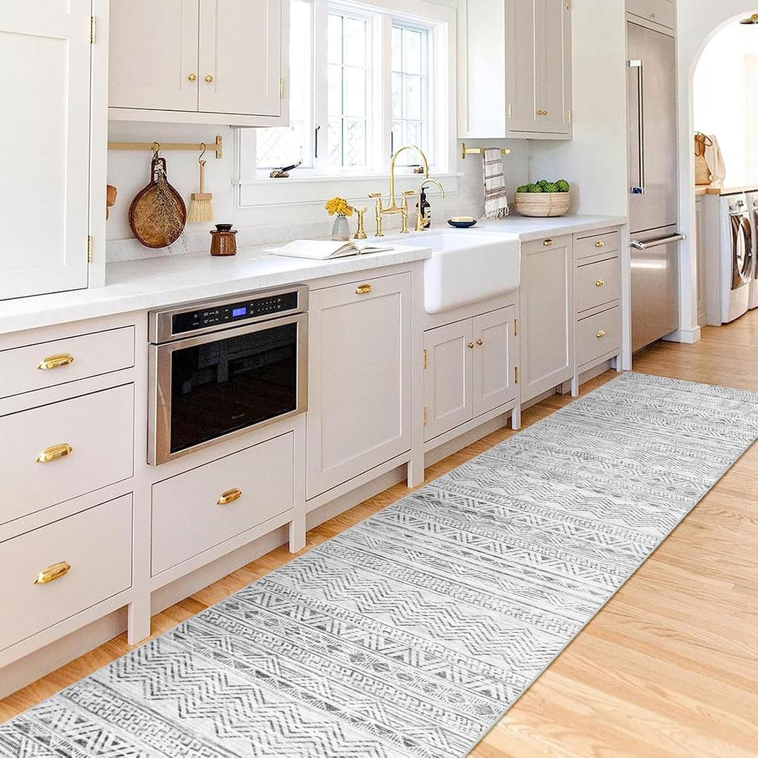 Washable Moroccan 2'6"x12' Hallway Rug - Non Slip Kitchen Runner Rug Soft Bedroom Floor Mat Rubber Backing Rug for Living Room Entryway Farmhouse with Low Pile Carpet 2'6"x12' Gray (Grey)