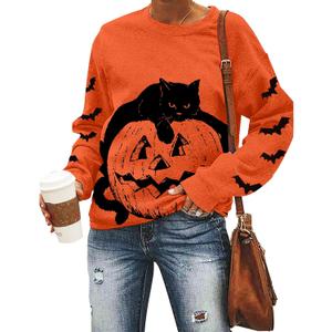 Black Cat on Pumpkin Sweatshirt Halloween Sweatshirts for Women Fall Pumpkin Face Tee Lightweight Pullover Tops (S)