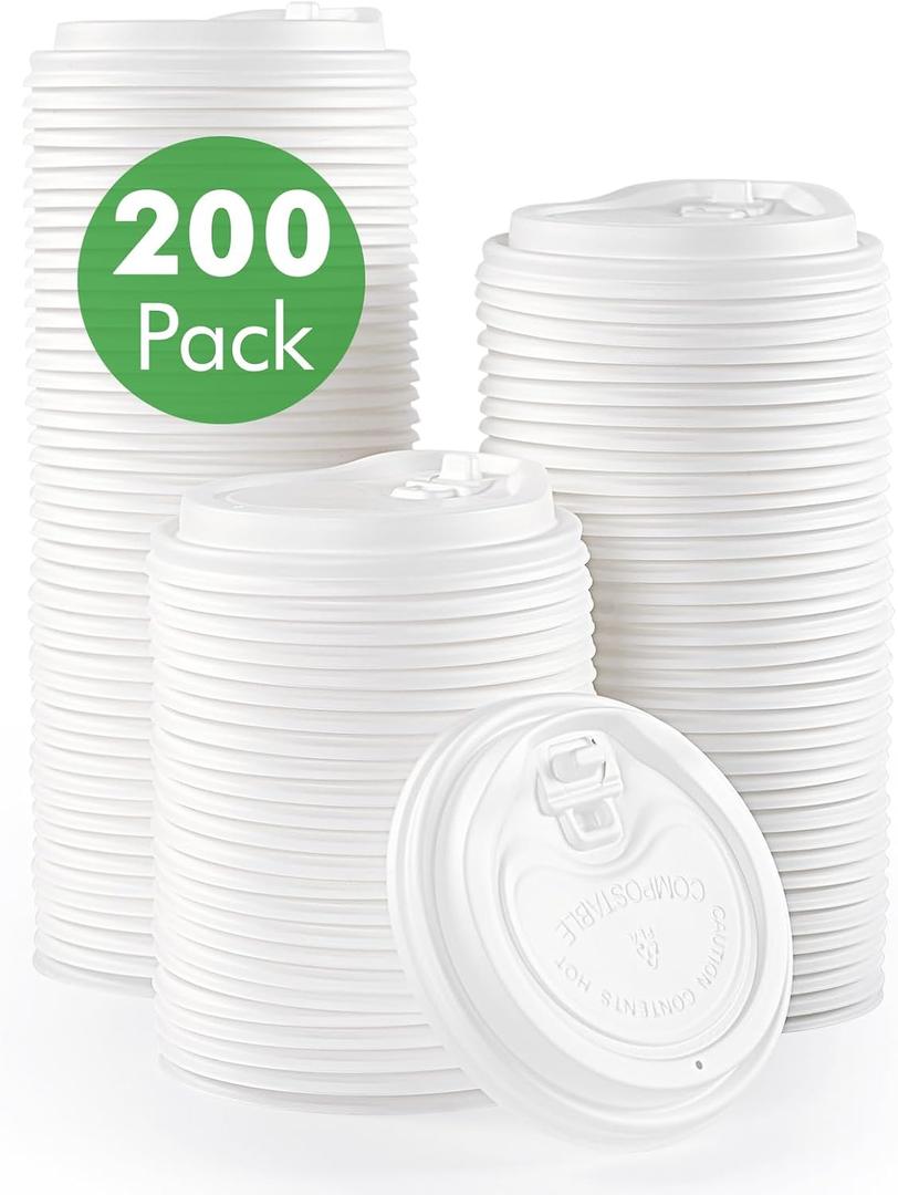 ECOLipak 100% Compostable Coffee Cup Lids 200 Count3.54 inch Disposable CPLA Cup Lid Suitable for 10 oz, 12 oz, 16 oz, and 20 oz Paper Cups, White