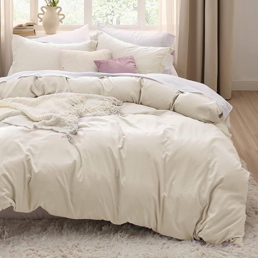 Bedsure Oat Milk Duvet Cover Queen Size - 1Piece Prewashed Cotton-Like Extra Soft Bedding Set, Includes 1 Duvet Cover 90x90 Inches with Zipper Closure.