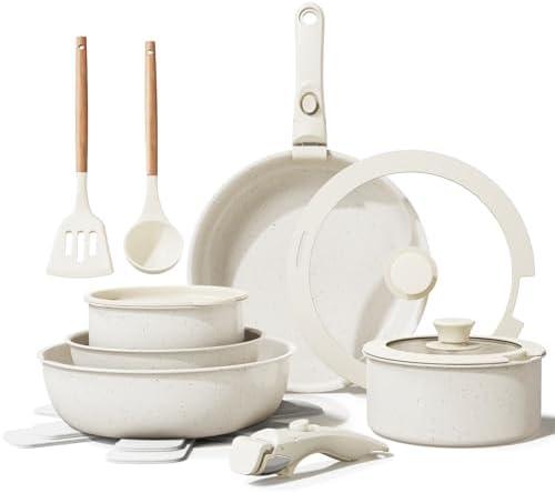 Bazova Ceramic Nonstick Cookware Set, Healthy,Non Toxic,17-Pieces Pots and Pans Set Removable Handles,Induction RV Kitchen Set,Stain & Scratch-resistant,Dishwasher/Oven Safe,PFAS/PFOA Free,Cream White