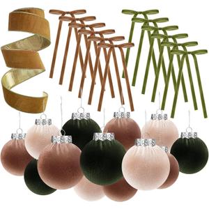 Syhood 38 Pcs Christmas Velvet Ornaments Decor Kit 3.15'' 18 Pcs Christmas Tree Ornaments Balls 18 Vintage Velvet Bows 5.5 Yard Ribbon for Xmas Tree Hanging Decorations, Green and Brown