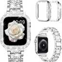 Mosonio Compatible with Apple Watch Band 44mm with Case Women, Jewelry Replacement Metal Wristband Strap with 2 Pack Bling PC Protective Cover for iWatch Series SE/6/5/4(Silver)NOT FOR 40mm