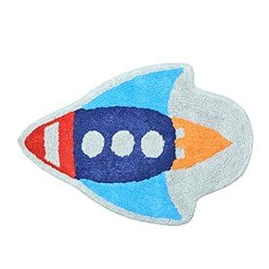 Hand Tufted Space Rocket Ship Bedroom or Bathroom Rug - 30x20 in; 100% Cotton Kids Bathroom Mat; Decorative Kids Area Rug