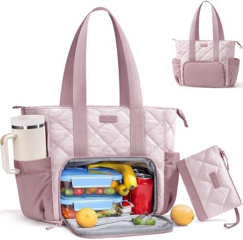 Puffer Lunch Tote Bag for Women, 15.6 Inch Laptop Work Bag with Insulated Lunch Compartment & Large Cup Holder, Lightweight Quilted Puffy Lunch Box Purse for Teacher Nurse Travel Office Daily School