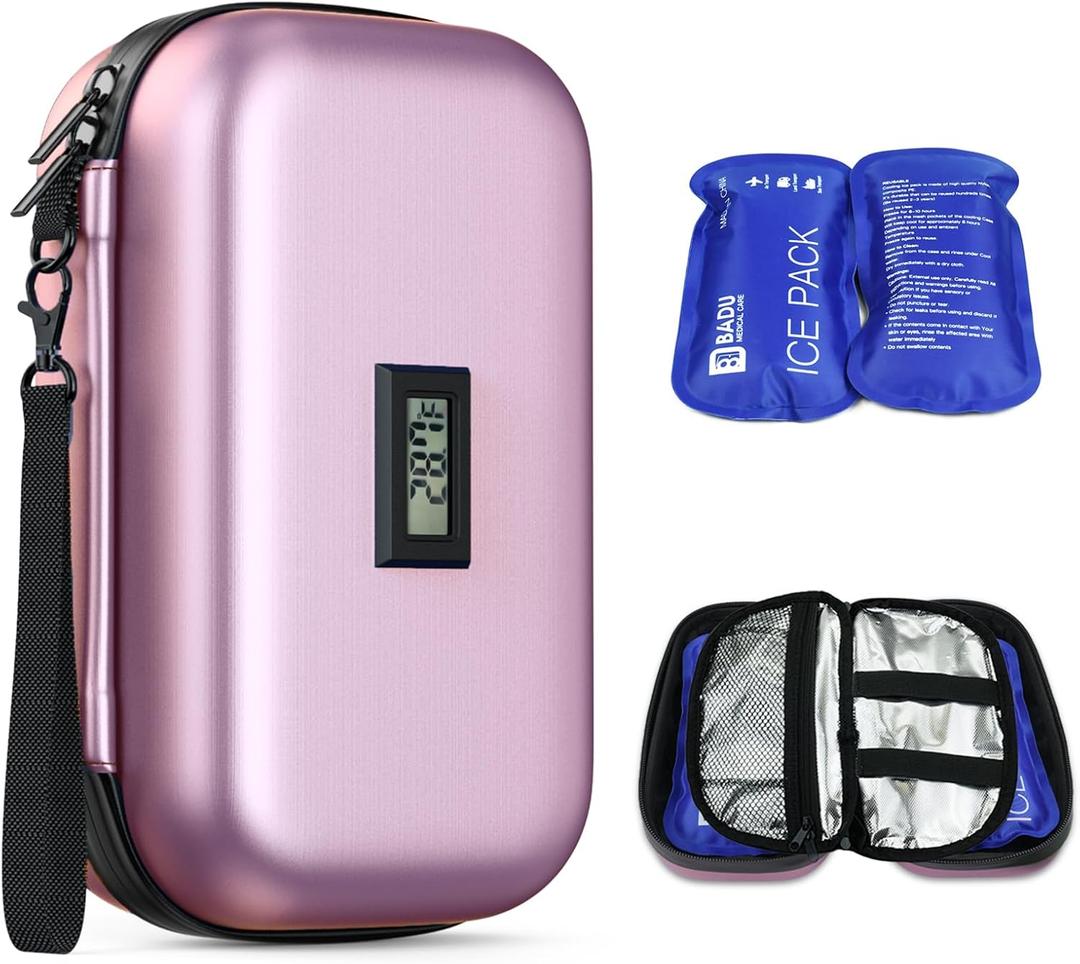 Insulin Cooler Travel Case with Temp Display, 2 x 180g TSA Approved Ice Packs, 9-Layer Insulation for Improved Cooling, Insulin Pen Case, Waterproof, for Daily Use and Trips (Pink)