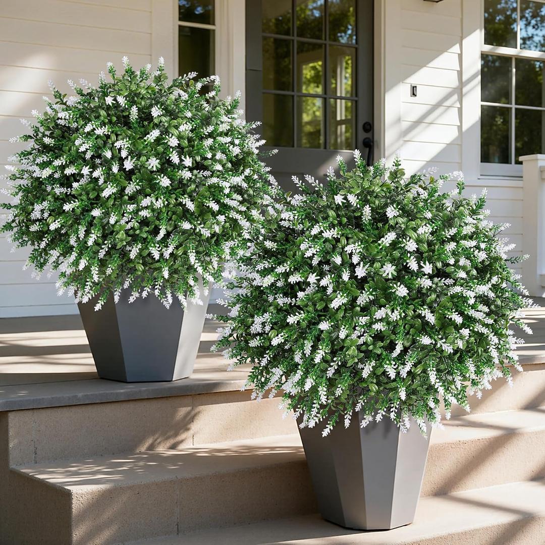 HyeFlora 26'' Artificial Topiary Boxwood Ball Trees with Lavender 2 Pack Fake Plants for Outdoor Indoor Artificial Shrubs with Ground Spike UV Resistant Fake Bushes for Front Porch Garden (White)