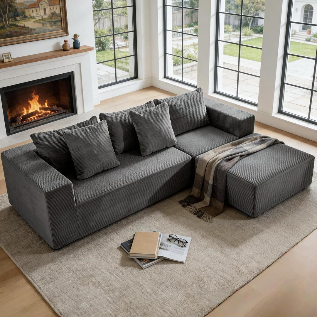 INGEROOM 108" Modular Cloud Sectional Couch with Deep Seat, Boneless Sofa with Movable Ottoman, Plush Corduroy Memory Foam Couch for Living Room, No Assembly, Dark Gray