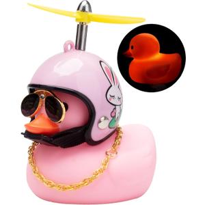 wonuu Rubber Duck Car Ornaments Pink Duck Bike Bell Cute Duck Car Dashboard Decorations Squeeze Duck Bicycle Horns with Propeller Helmet, Bandage and Gold Chain (Pink Rabbit-Belt)