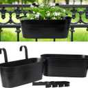 vensovo 16 Inch Railing Planter for Outdoor Plants - 3 Pack Large Metal Balcony Hanging Planters with Detachable Hooks and Drain Holes Oval Box Rail Pots for Home Garden Fence, Black