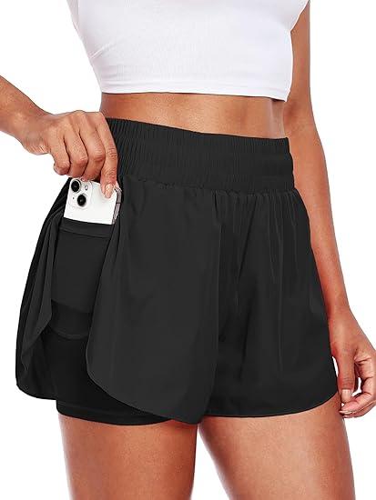 CADMUS Athletic Shorts for Women 2 in 1 Flowy Running Spandex Butterfly Workout Tennis Skorts, Black, S