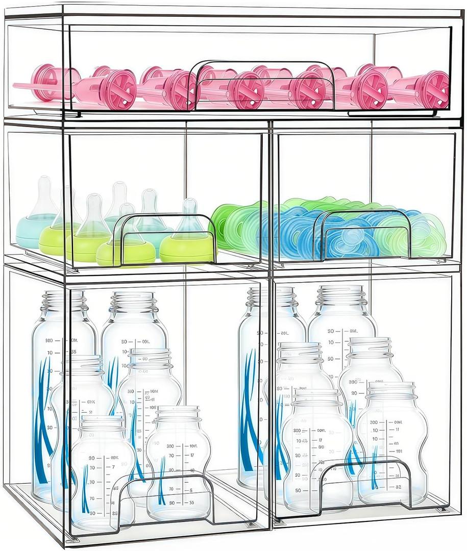 Baby Bottle Organizer 5 Pack Baby Bottle Storage Organizer Clear Bottles Station Acrylic Stackable Container Drawers Bins for Pacifiers,Nipples,Pump Parts for Countertop,Cabinet,Bathroom,Vanity