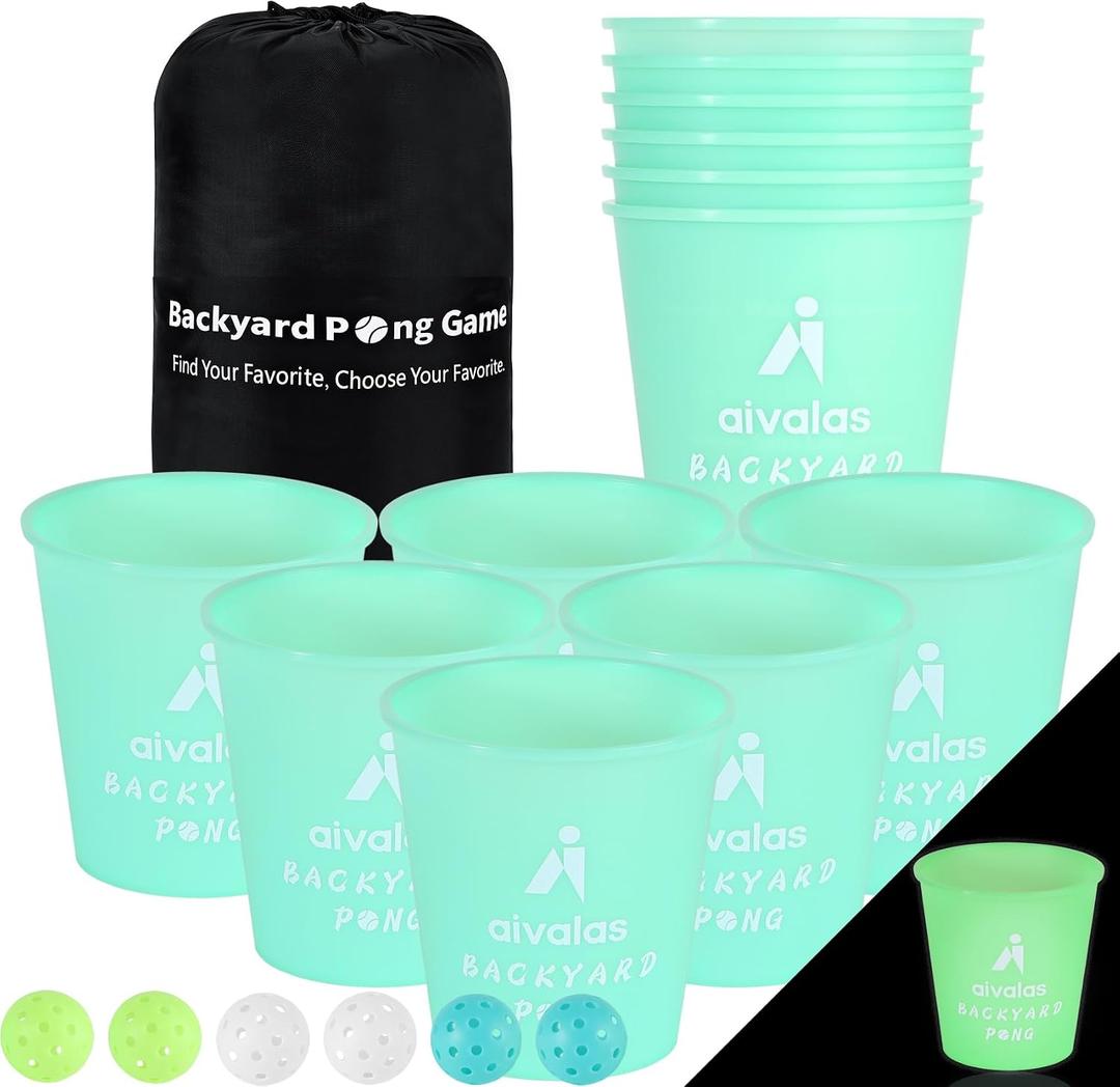 Aivalas Yard Pong Outdoor Games Glow Set in Dark for Adults and Family | Size:7.575inch;Include 12buckets,6balls&carry bag Plastic, absorb sunlight, better glow effect Gift for sand, yard, lawn, snow