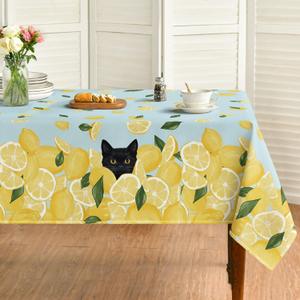 Horaldaily Summer Tablecloth 60×84 Inch Oval, Lemon Cat Blue Yellow Green Washable Seasonal Table Cover for Party Picnic Dinner Decor