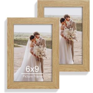 Hongkee 6x9 Picture Frame Set of 2, Made of Real Glass and Natural Oak Wooden Frame - 6 by 9 Photo for Wall or Tabletop Display, Natural Oak