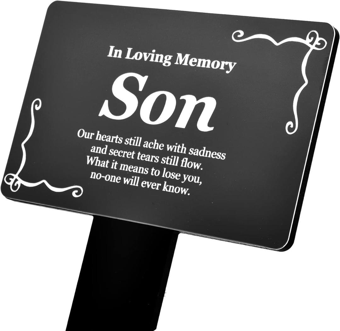 SON Memorial Remembrance Plaque Stake - Waterproof, Outdoor, Grave Marker, Tribute, Plant Marker (Black and White), 5.9" x 9.8"