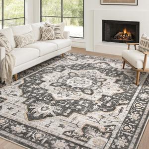 Area Rug 10x14 Washable Vintage - Soft Traditional Rug for Living Room Bedroom Dining Room or Home Office -Non Slip Backing Large Rugs with Low Pile Farmhouse Oriental Retro Carpet - Black Gold