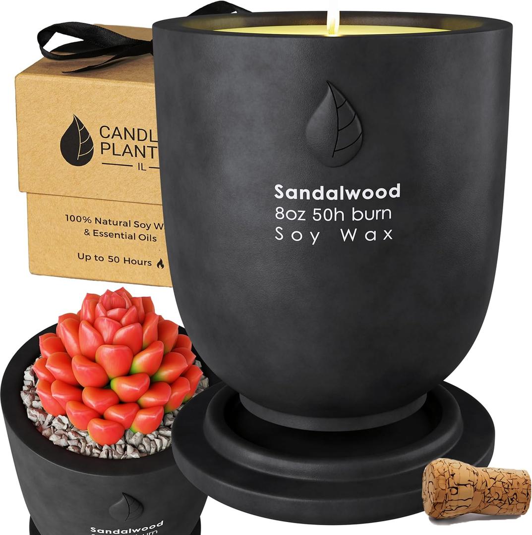 CandlePlanter Concrete Cement Candle Planter - Aromatherapy Scented Candles for Home, Soy Candles - Scented Candle & Dual Purpose Jar, Strong Scented - 8 Oz, 50 Hour Burn - Black Sandalwood