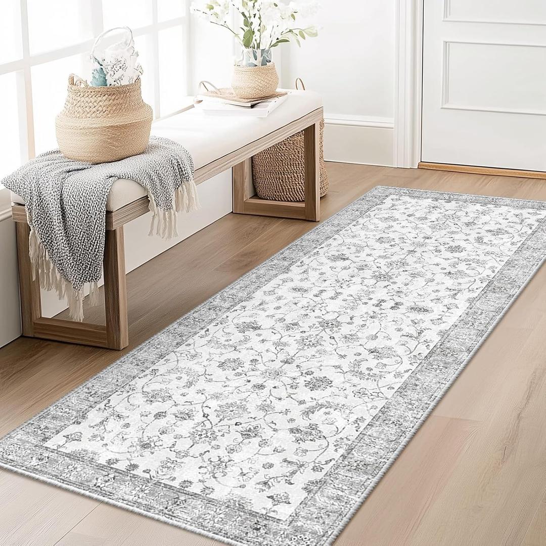 RELEANY 2x6 Area Rug Print Washable for Living Room Low Pile Non Slip Soft Thin Carpet Boho Vintage Floral Rug Stain Resistant for Bedroom Dining Room Kitchen Playroom Greywhite