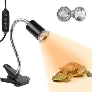 LUCKY HERP Reptile Heat Lamp with Clamp, Aquarium Turtle Tank Basking Light with 360 Rotatable Timing & Dimming and 2 Pack 50W UVA UVB Heat Light Bulb for Turtle Tortoise Lizard