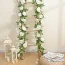 Dolicer 2Pcs 13Ft Artificial Eucalyptus Garlands with Flowers - 8 Roses, Faux Floral Greenery Garlands Fake Flowers Vines for Wedding Table Centerpieces Arch Party Ceremony Backdrop Decor (White)