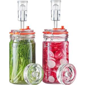 JILLMO 1 Liter Fermentation Jar, Glass Fermenting Kit with Weight for Making Sauerkraut, Hot Sauce, Mead, Cider and More, Pack of 2