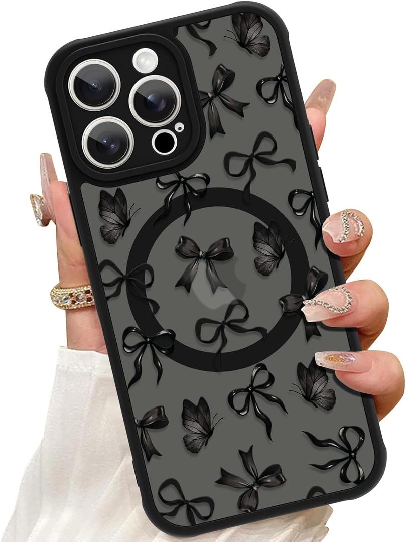 ZIYE Magnetic Case for iPhone 14 Pro Max 6.7 Inch [Compatible with MagSafe] Hard PC and Soft TPU Case with Black Bow Butterflies Anti-Scratch Shockproof Protection Phone Cover for Women - Black