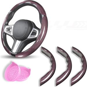 Car Steering Wheel Cover, 3 Piece Bright Carbon Fiber Steering Wheel Covers, Non-Slip Steering Wheel Cover Protector, Great Grip, Universal Car Accessories Decoration for 14.5-15 inch (Pink)