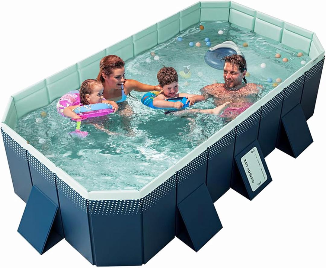 Foldable Non-Inflatable Swimming Pool for Kids Adults Family Hard Plastic Shell Collapsible Rectangle Swimming Pool for Backyard Outside Portable Dog (Dark Blue, 295cm)